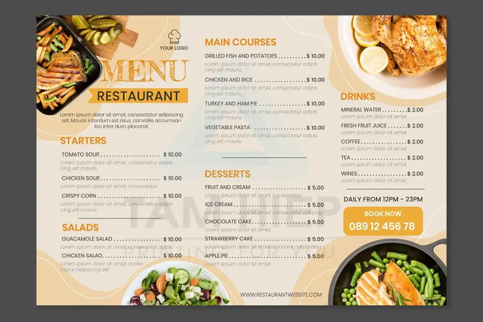 in menu bìa cứng quán ăn hình chữ nhật